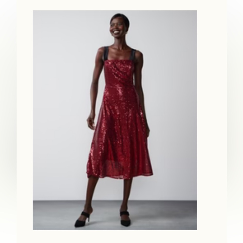 NY & Co LENA Red Sequin A-Line Midi Dress Cowl Neck Strappy Sleeveless Size M